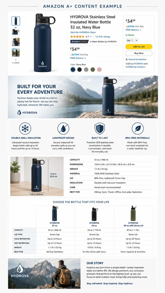 Amazon A+ Content example for an insulated stainless steel water bottle listing