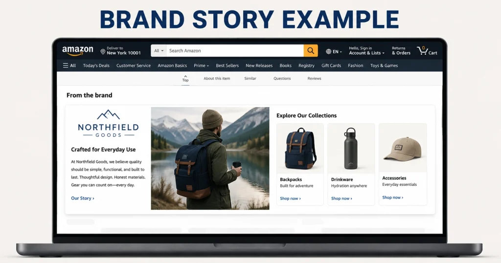 Amazon Brand Story example showing brand introduction, lifestyle image, and product collections