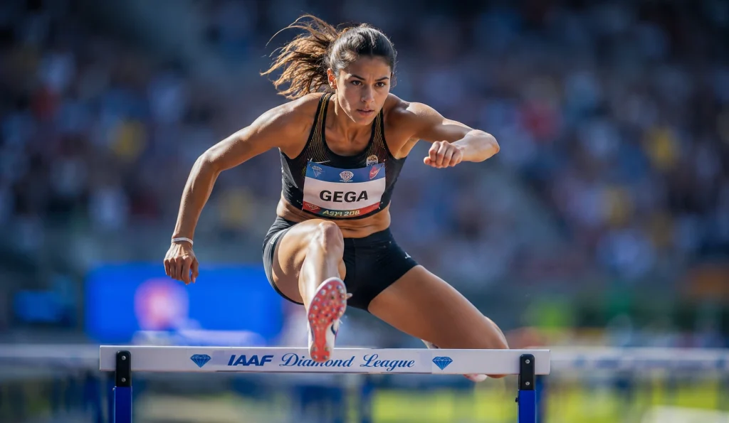 Athlete clearing a hurdle demonstrating aperture and ISO settings for sharp sports photography in bright daylight.