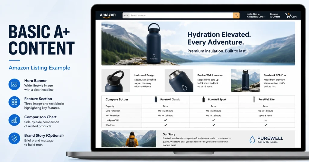 Basic Amazon A+ Content example featuring product benefits, comparison chart, and brand story