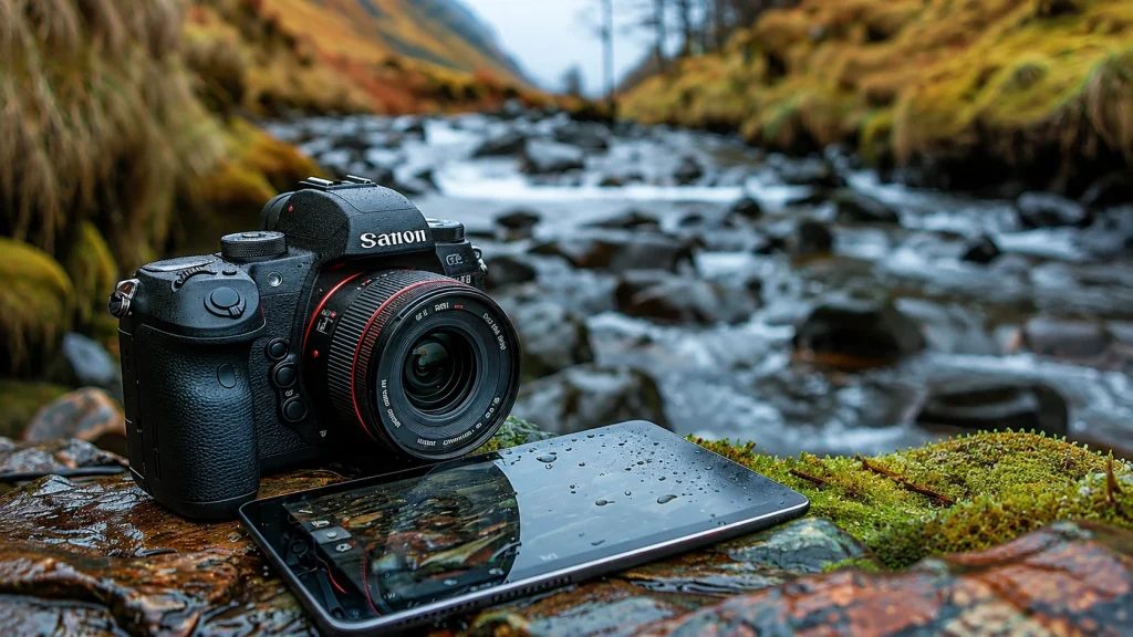 DSLR camera with lens used for outdoor product photography