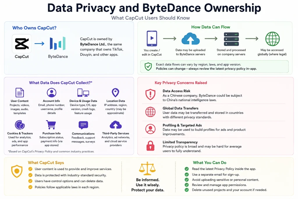 Infographic explaining CapCut data privacy and ByteDance ownership