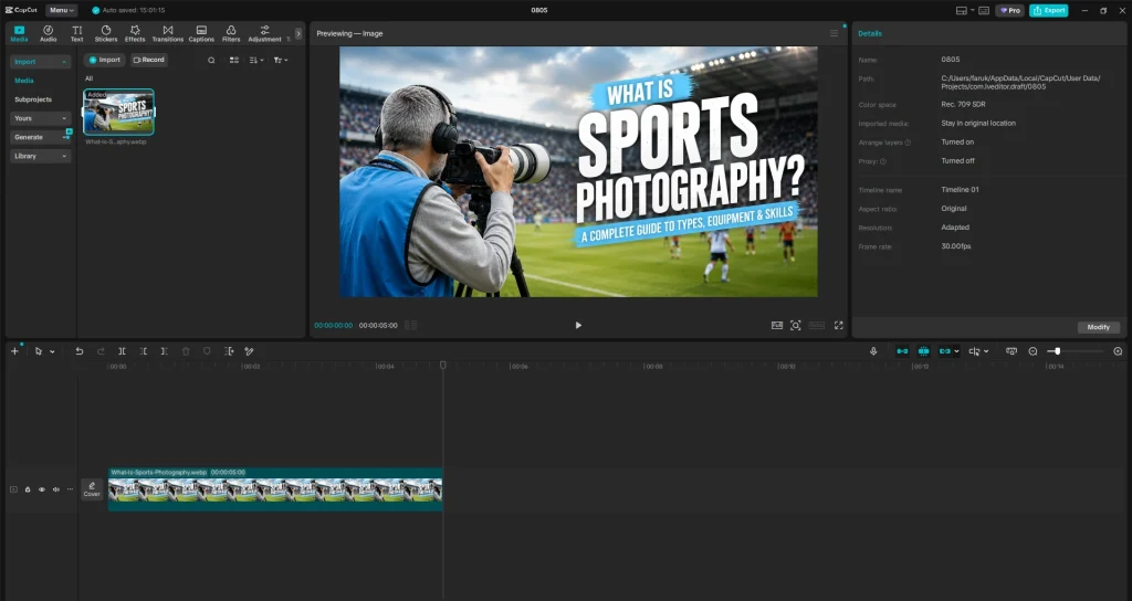 CapCut editor timeline showing a sports photography YouTube video project
