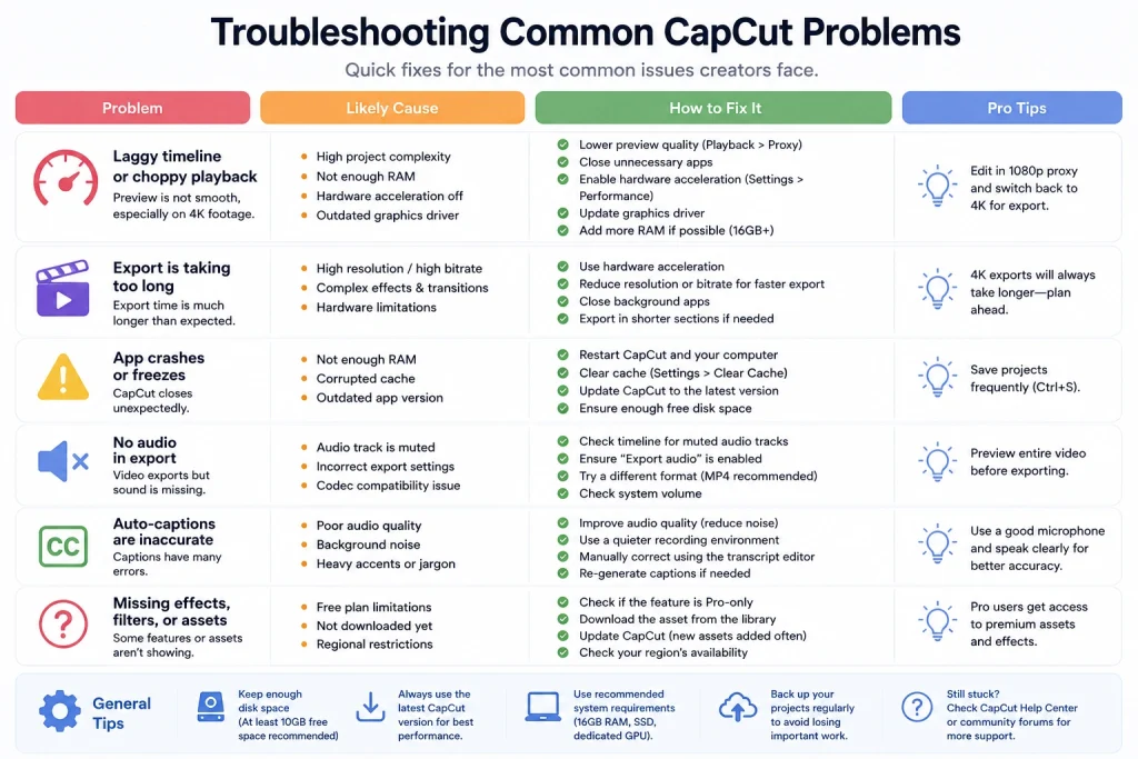 Troubleshooting table for common CapCut problems and fixes