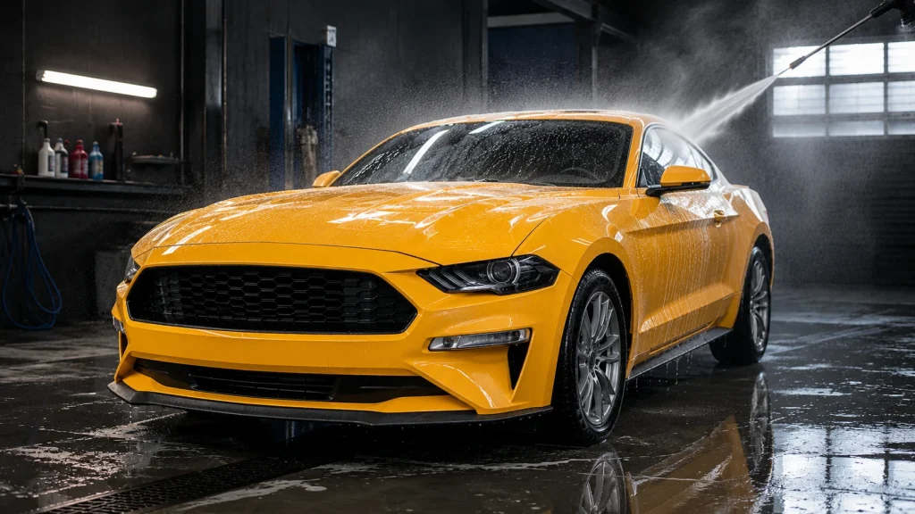 Yellow sports car photographed at a car wash with water spray