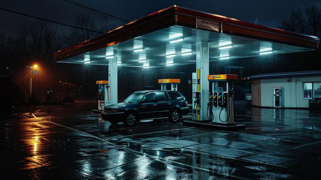Car photography at a gas station at night in rainy weather
