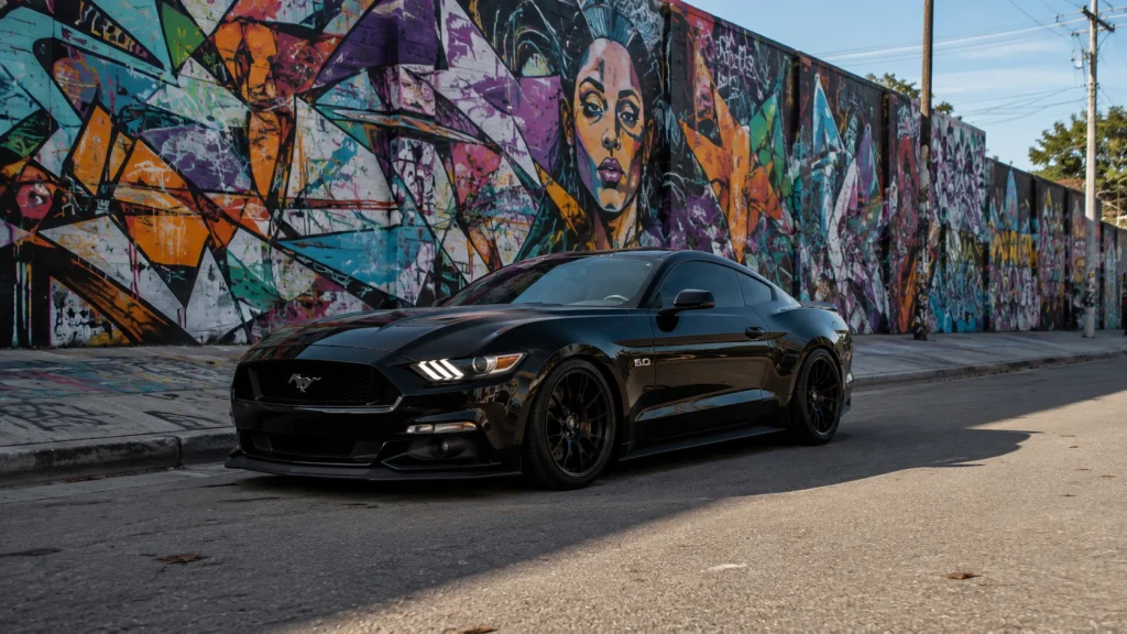 Black sports car photographed against a colorful graffiti wall