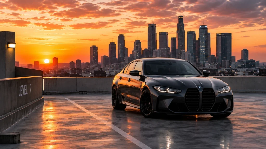Black luxury car photographed on a rooftop parking garage at sunset