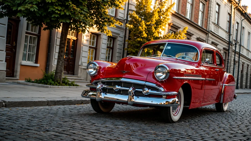 Classic red car photographed on a historic cobblestone city street