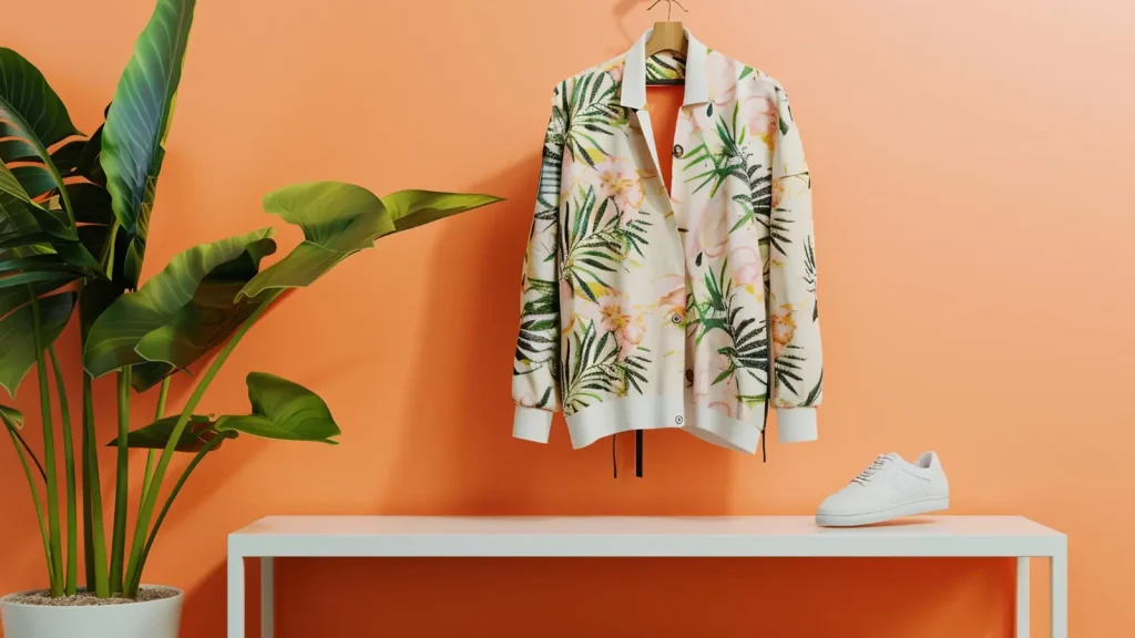 Clothing product photography setup featuring a floral shirt, shoes, and decorative plant
