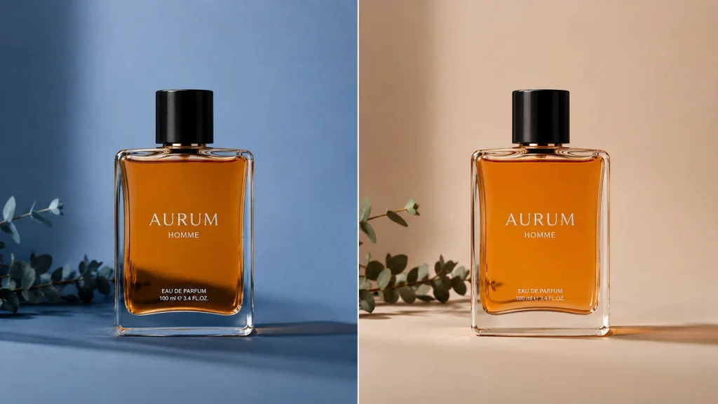 Before and after example showing how color contrast changes the appearance of a perfume product photo