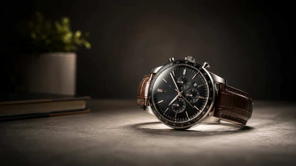 Luxury wristwatch photographed with dramatic contrast to draw viewer attention to the product