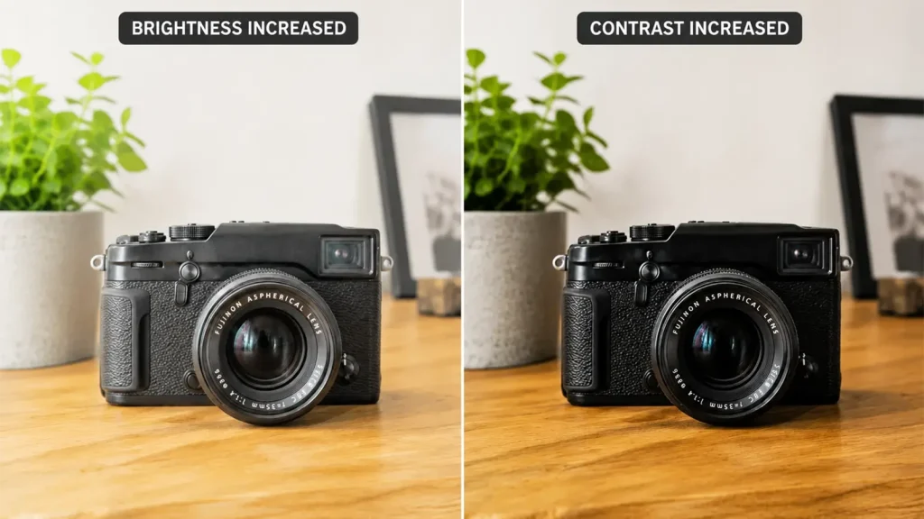 Side-by-side camera image showing how brightness and contrast adjustments affect a photograph
