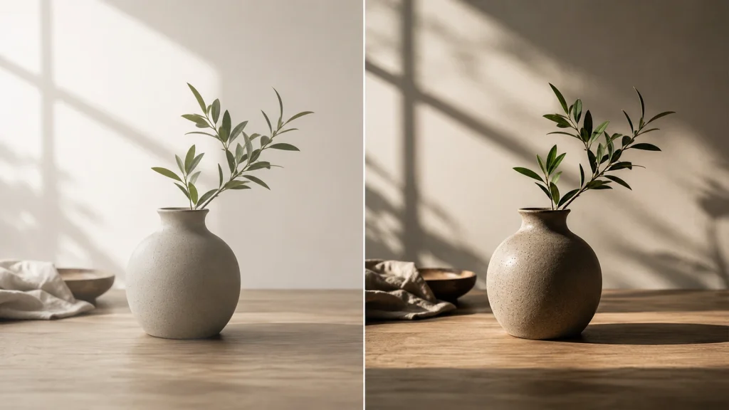 Side-by-side comparison demonstrating the difference between increasing brightness and increasing contrast in a photo