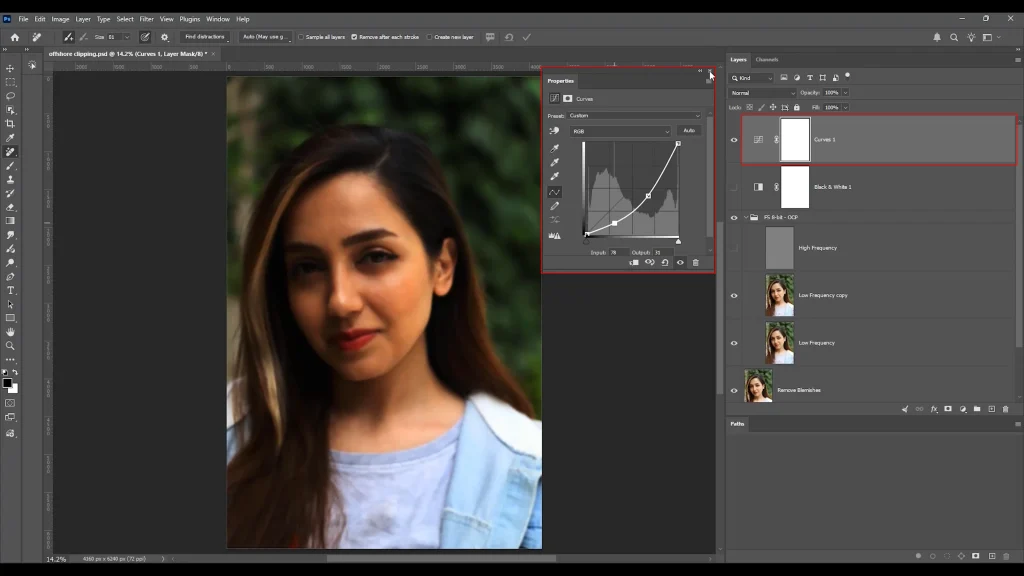 Photoshop Curves adjustment properties showing tonal adjustments for portrait Frequency Separation.