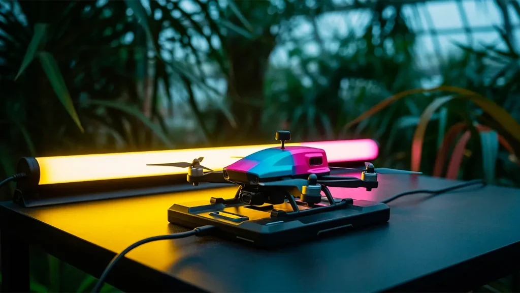 Electronics product photography setup featuring a drone under colorful studio lighting