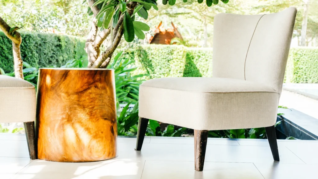 Furniture product photography featuring a modern upholstered chair in a bright outdoor setting
