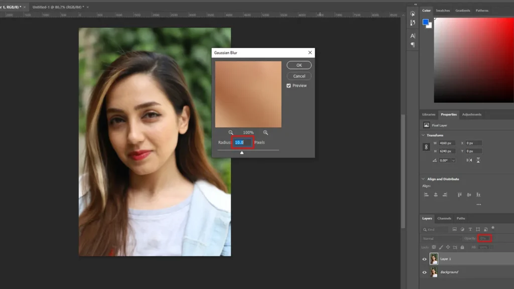 Gaussian Blur and opacity settings for smooth skin in Photoshop