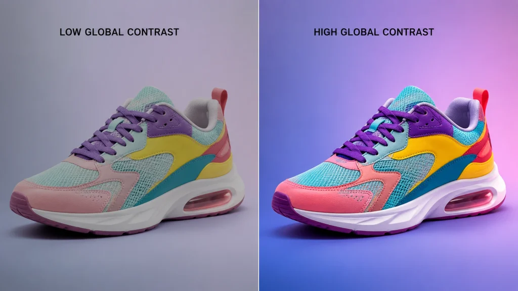 Low global contrast and high global contrast comparison using a colorful sneaker