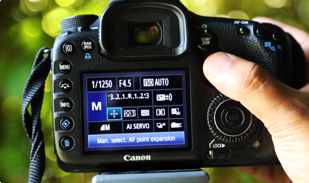 Canon camera settings for sports photography with Manual mode, 1/1250s shutter speed, f/4.5 aperture, Auto ISO, and AI Servo autofocus.