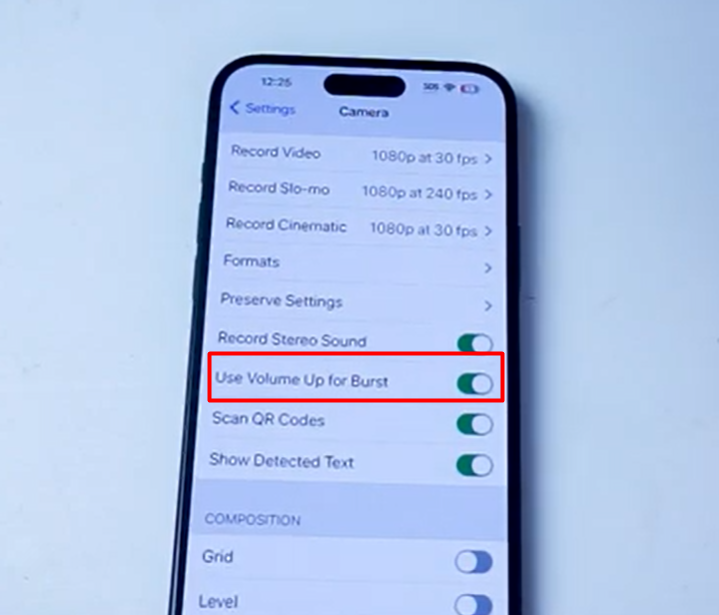 iPhone camera settings showing “Use Volume Up for Burst” enabled for sports photography.