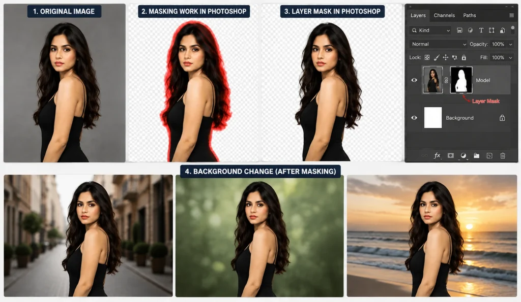 Image masking in Photoshop with layer mask and background replacement