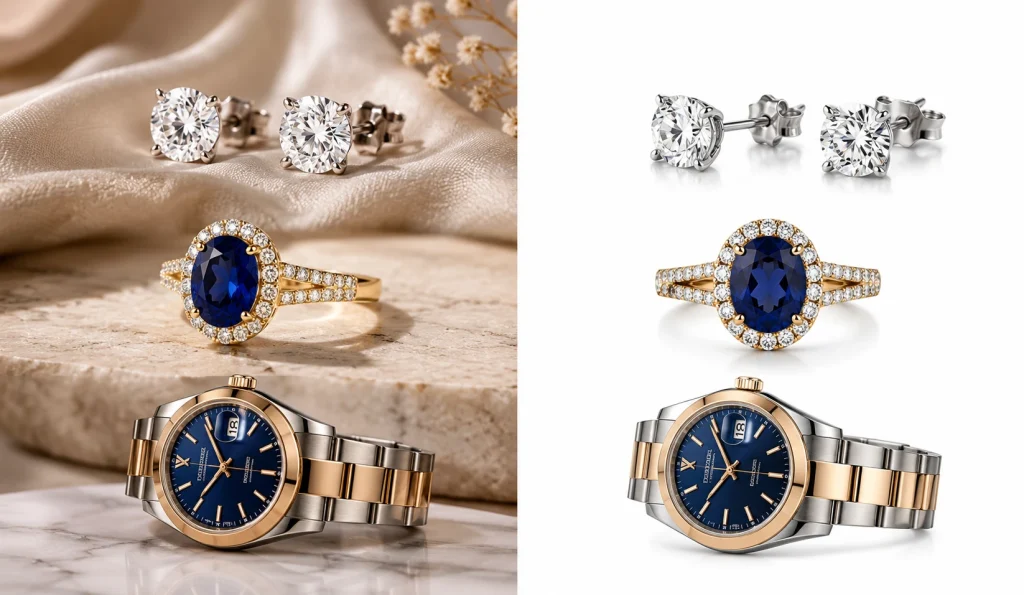Jewelry and watches before and after professional photo retouching on a white background