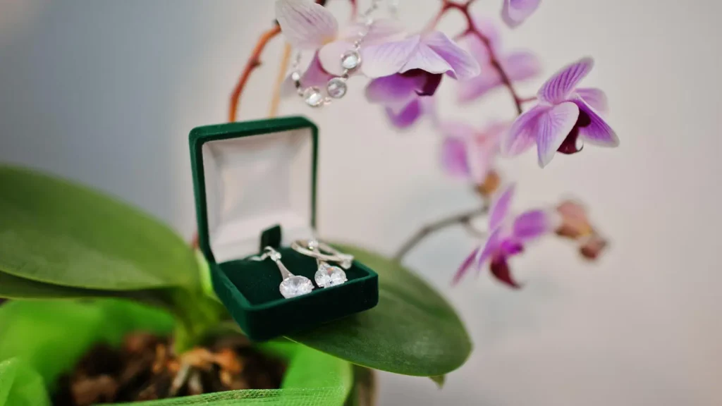 Jewelry product photography featuring diamond earrings in a green jewelry box with orchids