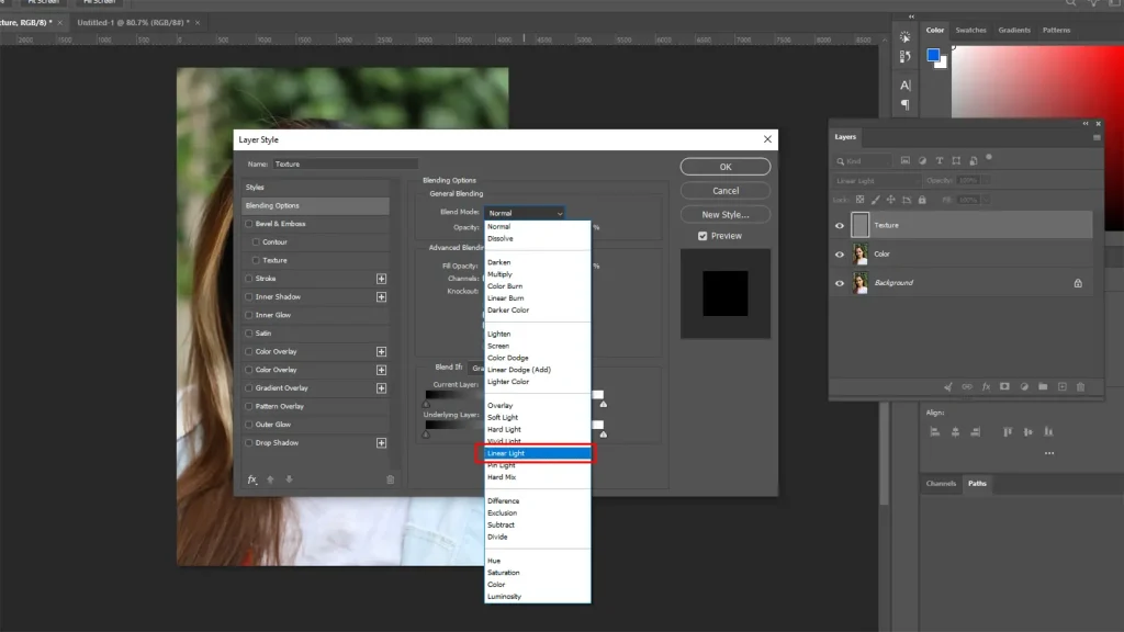 Linear Light blending mode in Photoshop for skin smoothing