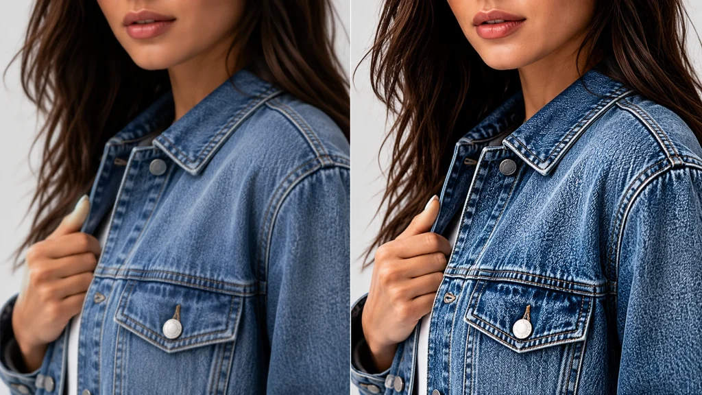 Close-up of a denim jacket showing local contrast and enhanced detail in fabric texture