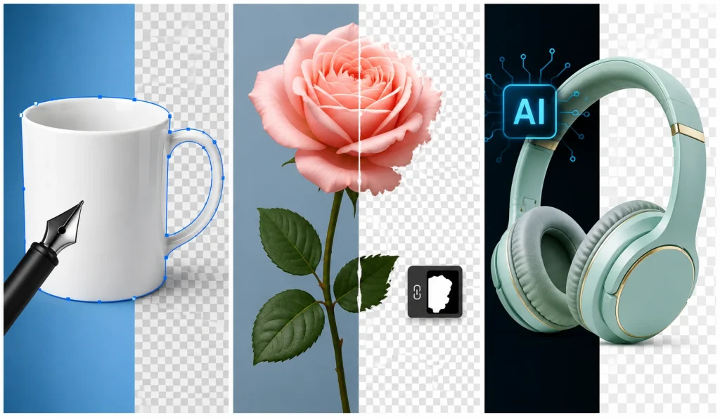 Pen tool, image masking, and AI background removal techniques compared