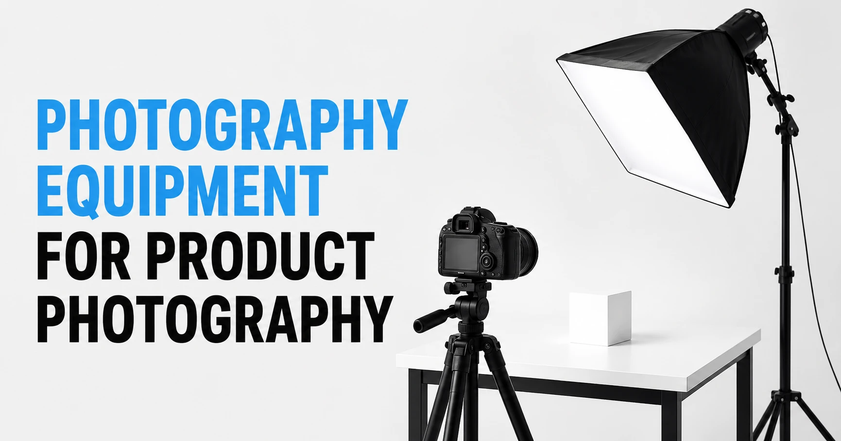 Photography equipment for product photography with camera, tripod, softbox, and studio setup