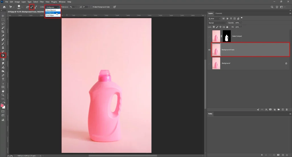 Contiguous, Discontiguous, and Find Edges limit options for Background Eraser Tool in Photoshop
