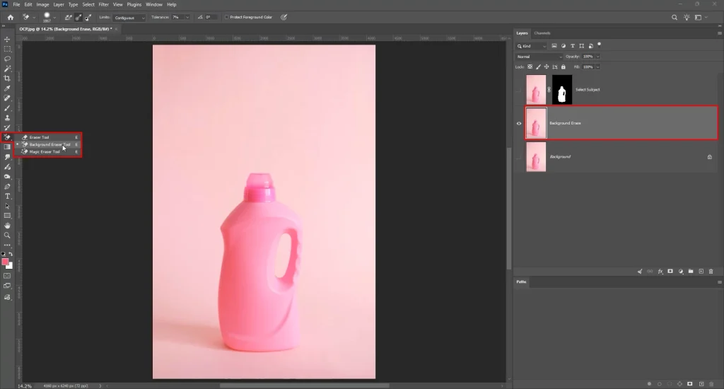 Background Eraser Tool selected from Eraser tool flyout menu in Photoshop