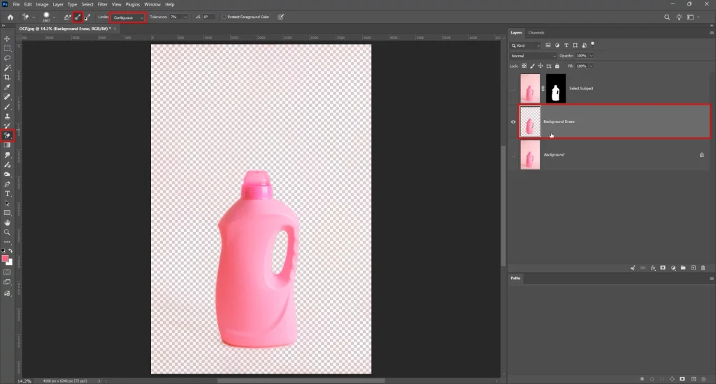 Product image with background erased to transparency using Background Eraser Tool in Photoshop