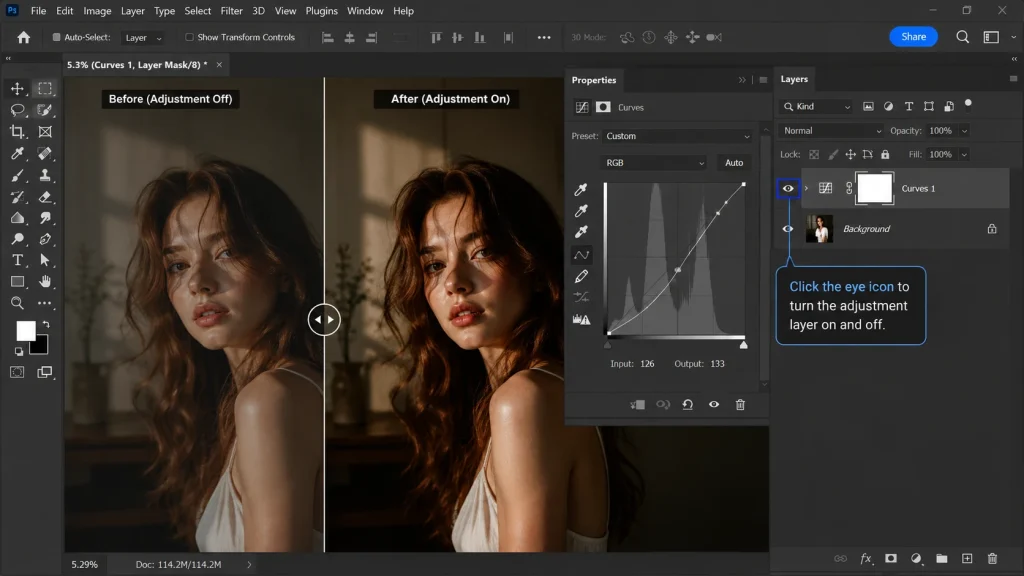 Photoshop Curves adjustment showing before and after contrast enhancement in a portrait photo