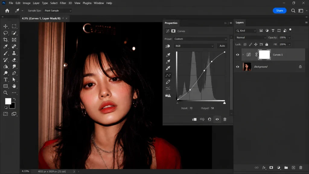 Photoshop Curves adjustment panel used to control tonal contrast in a portrait photo