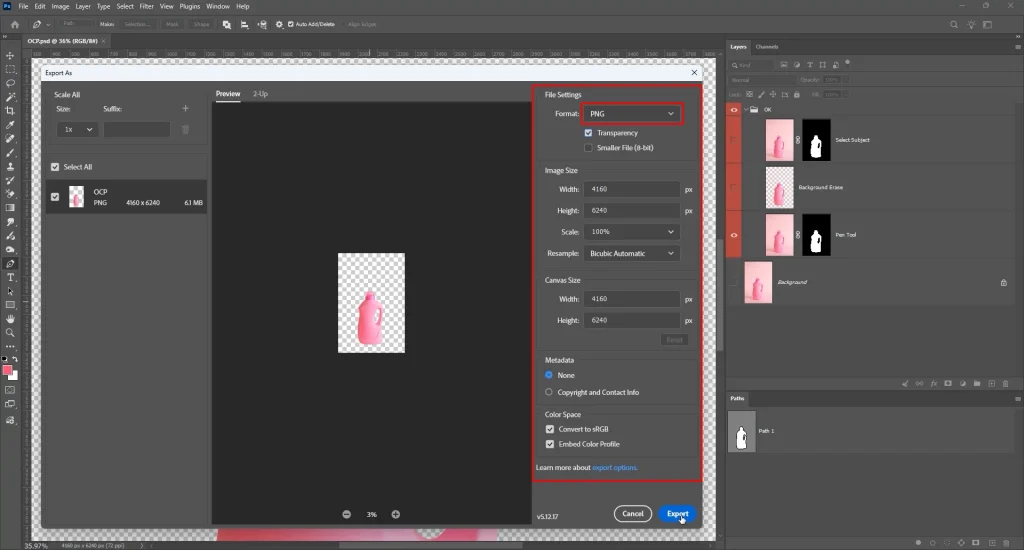 Export As dialog in Photoshop with PNG format and Transparency checkbox enabled