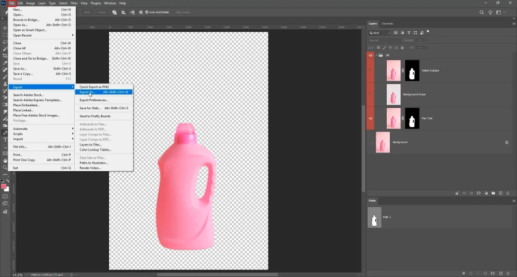 File > Export > Export As menu selected in Photoshop to save transparent PNG