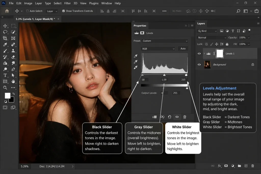 Photoshop Levels adjustment showing black, midtone, and white sliders for controlling tonal range