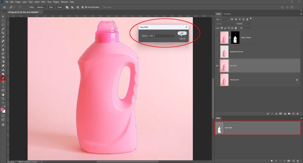 Pen Tool path traced around product outline with Save Path dialog in Photoshop