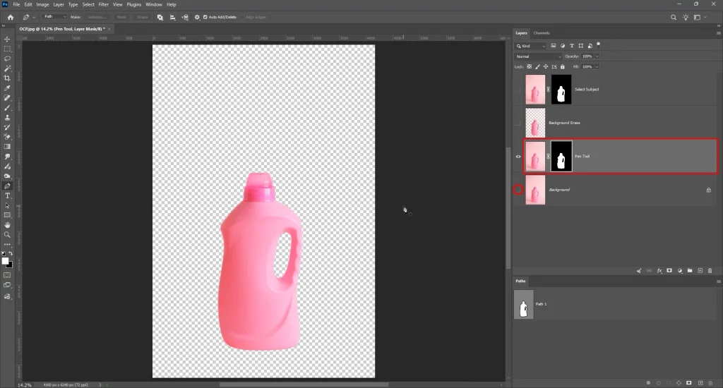 Final transparent background result after applying Pen Tool path as a layer mask