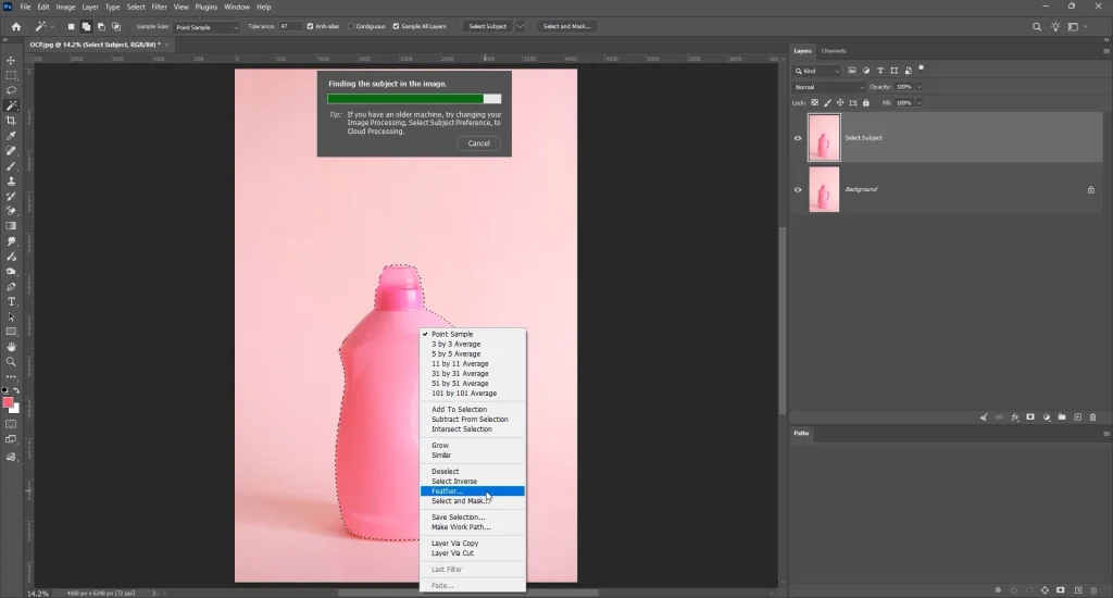 Feather option in Select and Mask right-click menu while refining subject selection in Photoshop