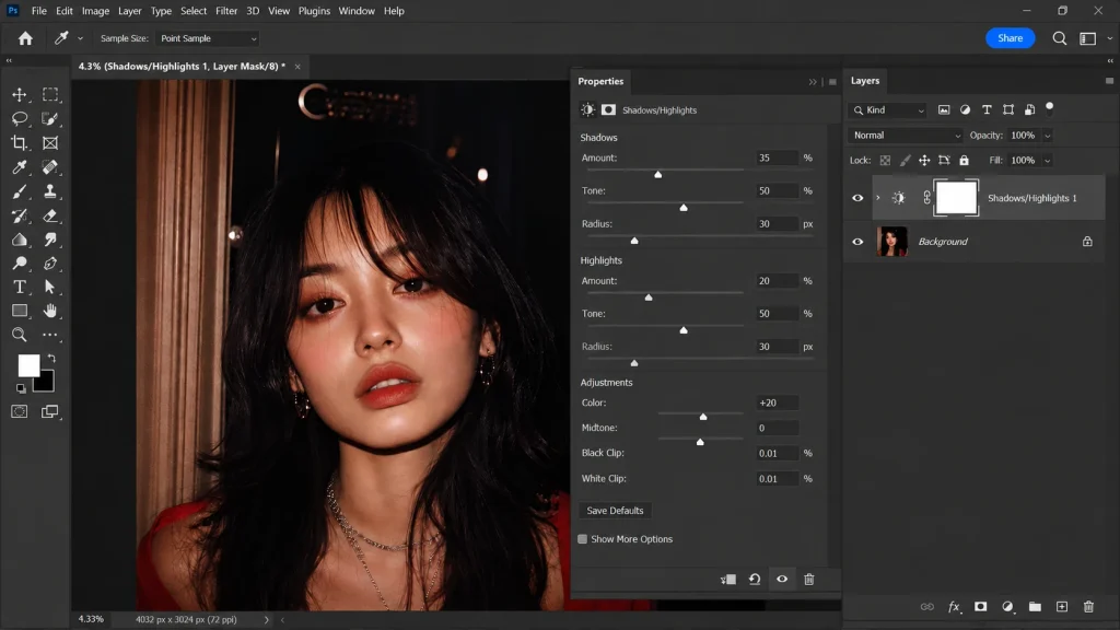 Photoshop Shadows and Highlights adjustment panel used to recover shadow and highlight detail