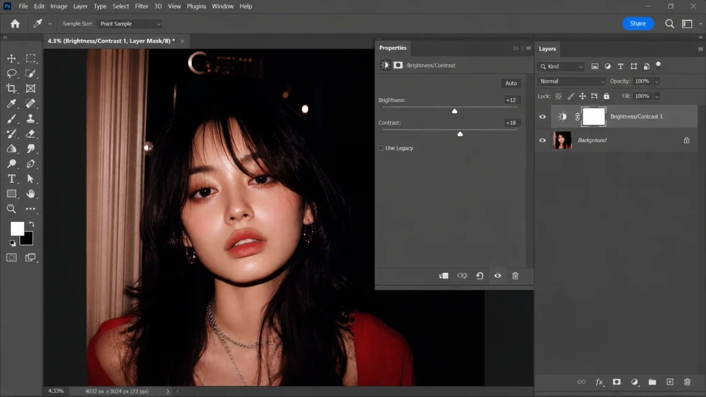 Photoshop workspace showing adjustment tools used to control contrast in a portrait