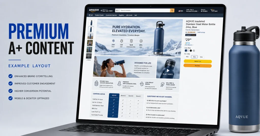 Premium Amazon A+ Content example with video, product features, comparison chart, and FAQ modules