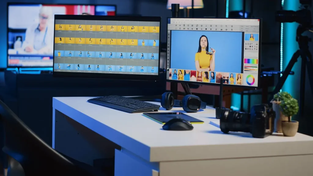 Professional product photo editing workflow displayed on computer monitors