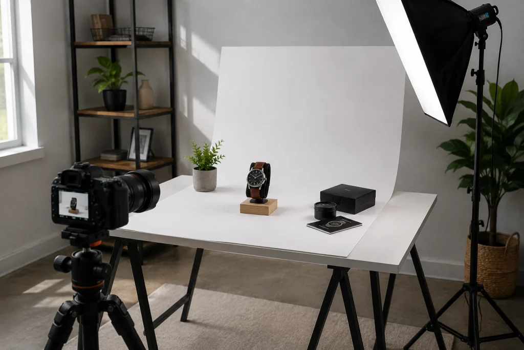 Clean product photography setup with camera, lighting equipment, and clutter-free shooting area