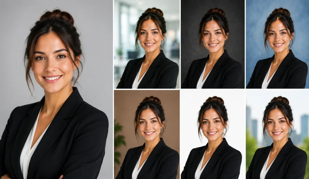 Professional business headshot of a smiling woman shown with seven different background options including office, studio, and city backdrops