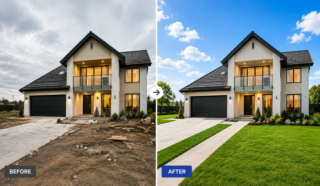 Before and after real estate photo editing showing a house exterior with enhanced blue sky and green lawn for property listing